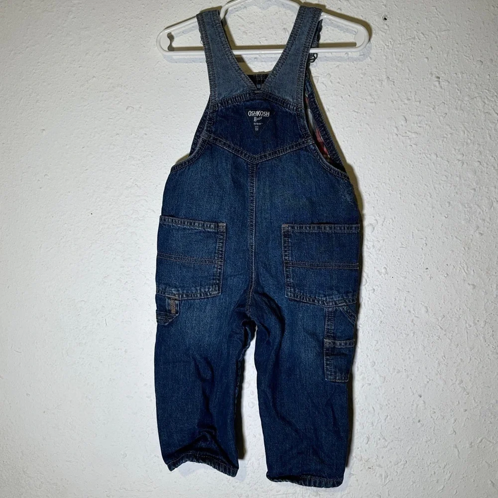 Oshkosh B’gosh Denim Patchwork Flannel Lined Overalls Size 18 Months Baby